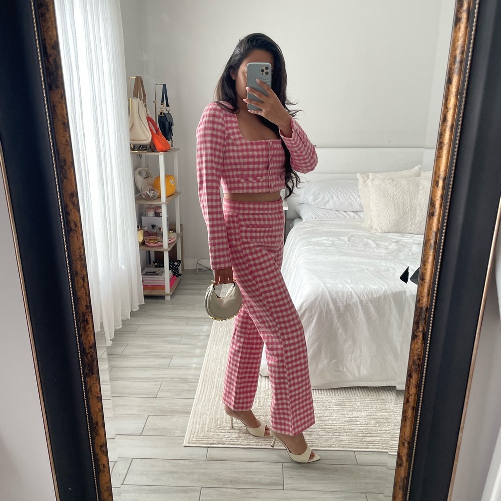ZARA Pink & Cream Gingham Two-Piece Pantsuit Set Crop Top Wide Leg Pants S/M - Picture 3 of 5